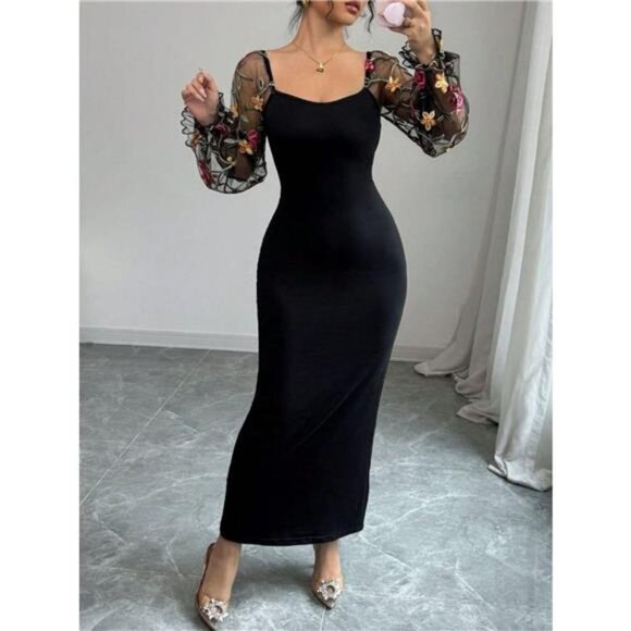 Sheer Floral Mesh Sleeves Bodycon Dress - Picture 1 of 5
